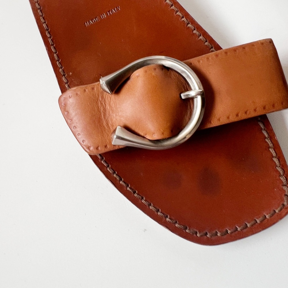 Prada Sandals 39 8 Brown Leather Horseshoe Buckle Square Toe Flat Slides - Picture 9 of 10